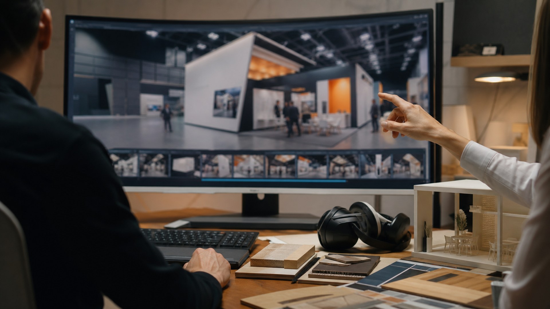 Exhibit3Design AI tool in an ultra photorealistic editorial scene for a trade show exhibit builder workflow