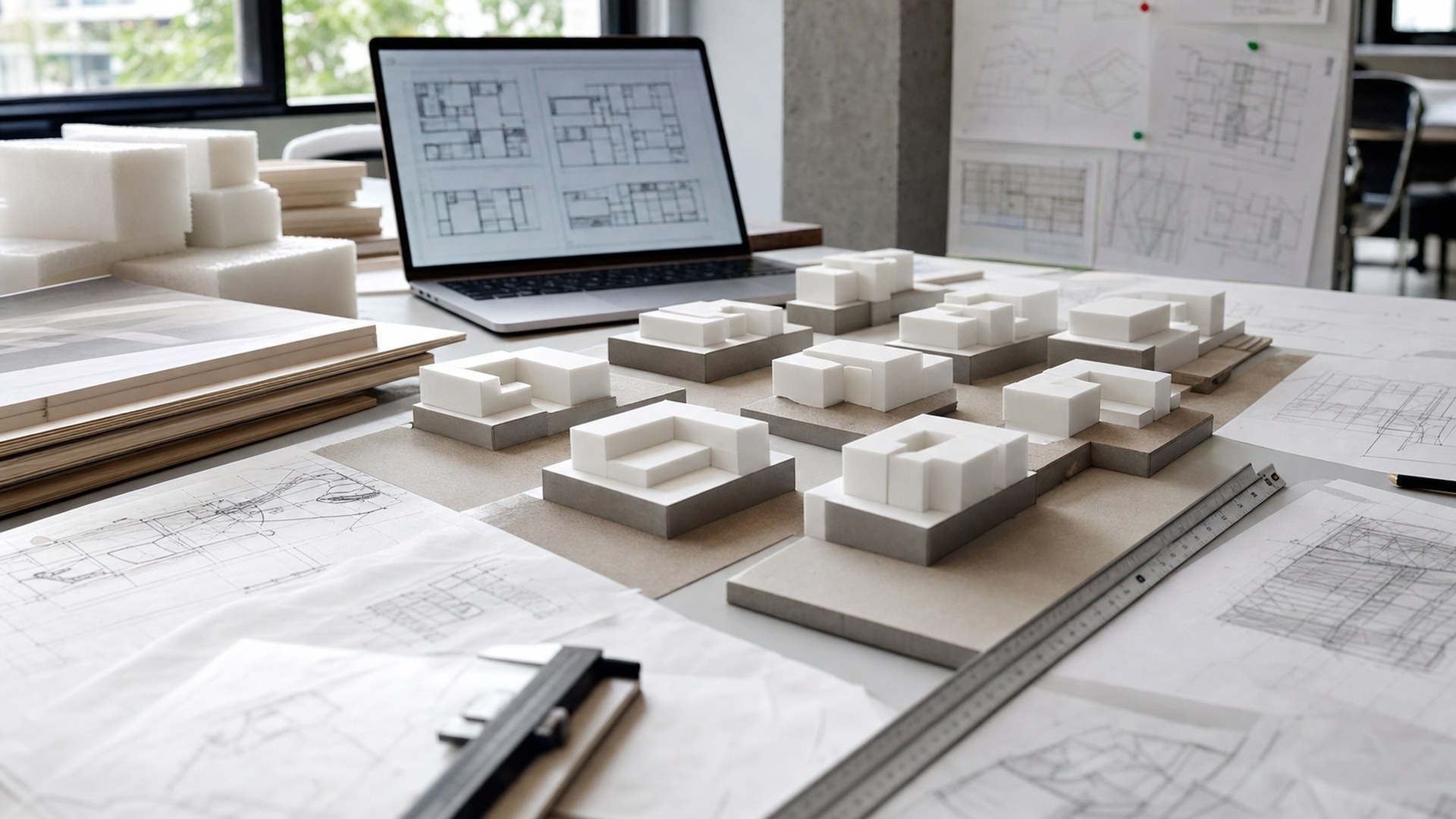 Finch AI architectural model making tool shown in a photorealistic studio model workflow