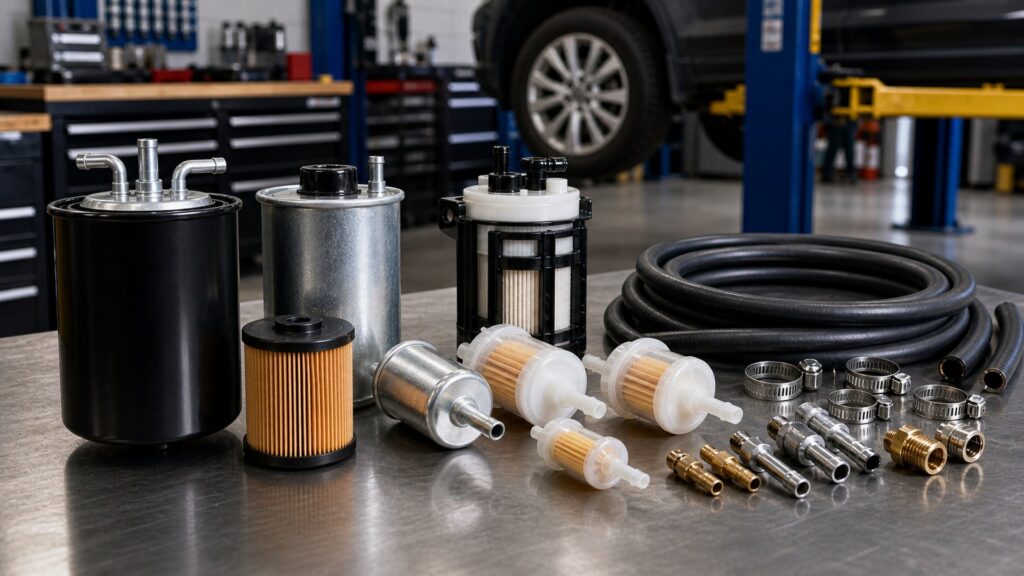 fuel filters buying guide scene with related parts prepared for vehicle fitment checks