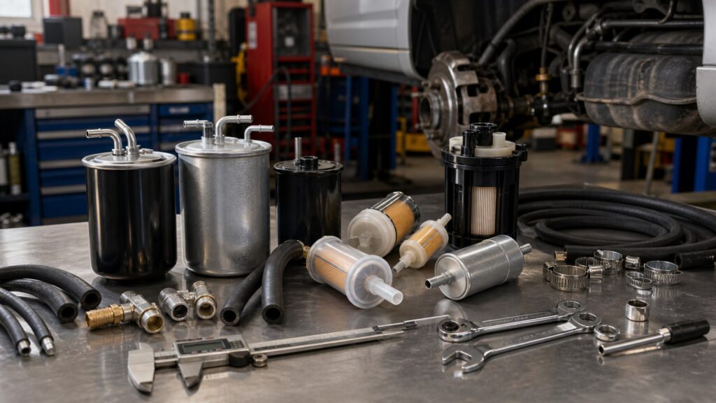 fuel filters buying guide scene with related parts prepared for vehicle fitment checks