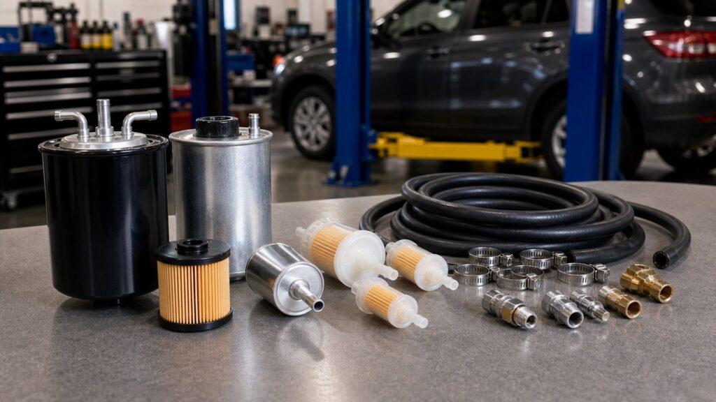 fuel filters buying guide scene with related parts prepared for vehicle fitment checks