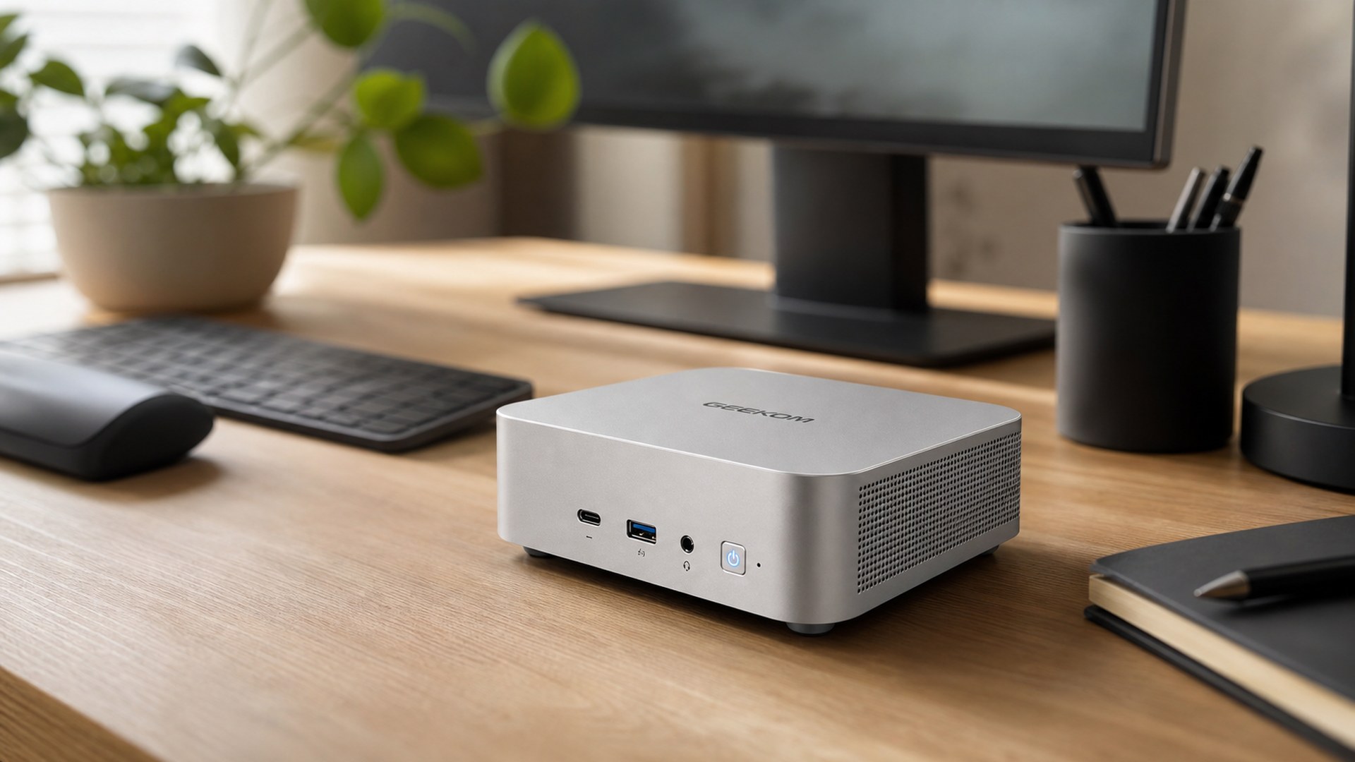 GEEKOM A8 silver mini PC on a warm modern home office desk