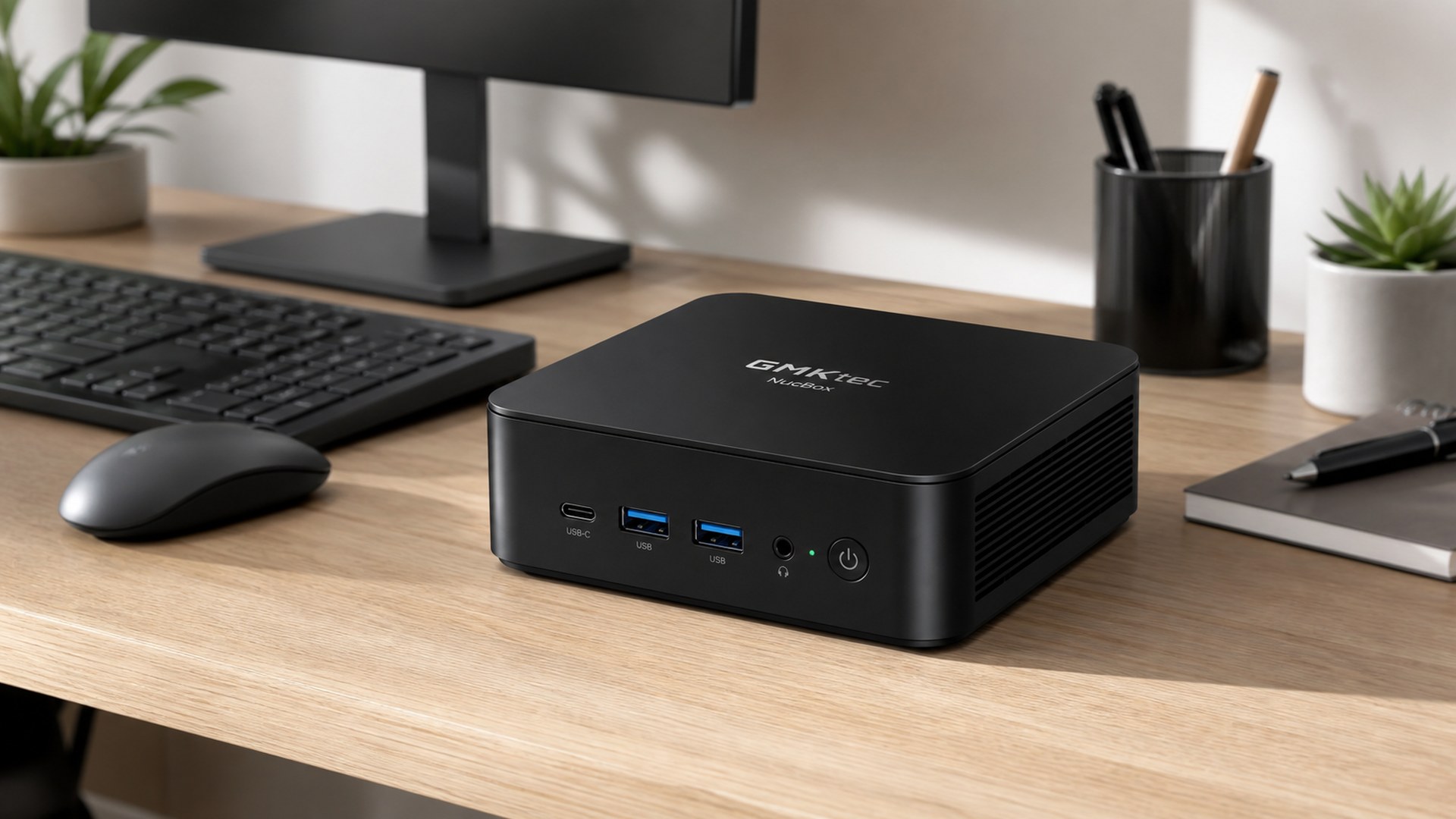 GMKtec NucBox M6 Ultra black mini PC in a compact home office