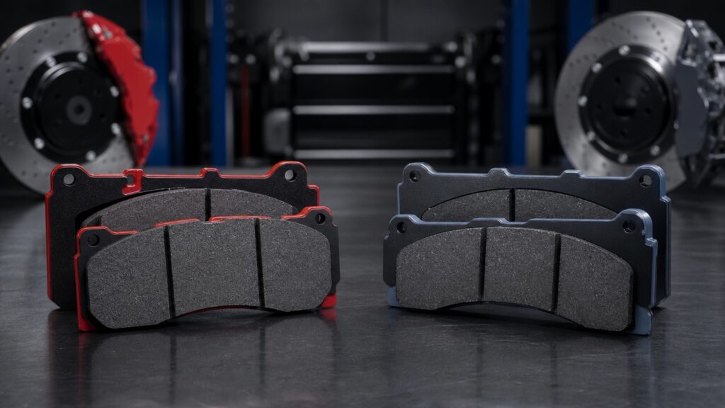 Hawk HPS 5.0 and StopTech Street Performance performance brake pads compared side by side