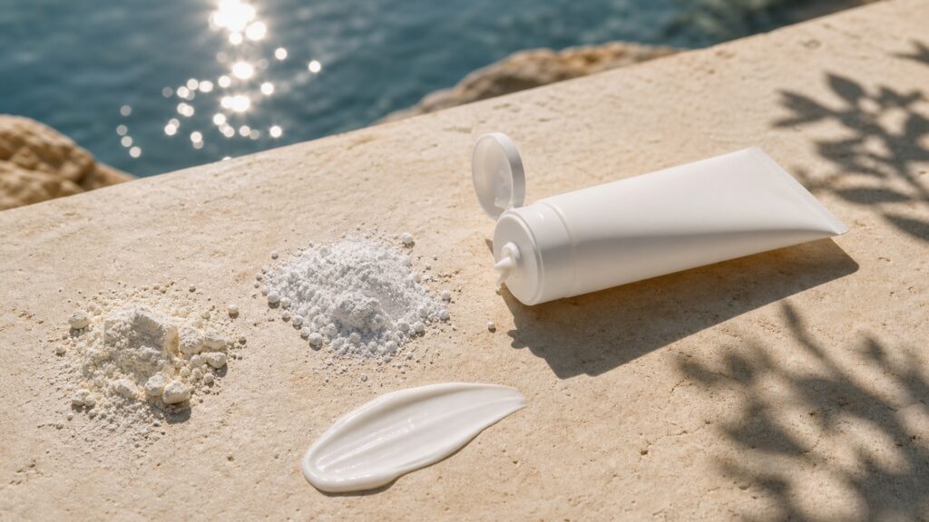 mineral sunscreen tube with white mineral powder and cream swatch in sunlight