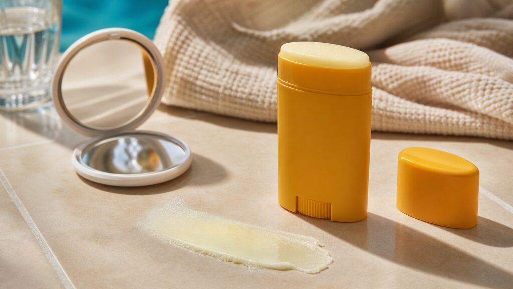 open unbranded sunscreen stick with clear balm swipe on a clean vanity