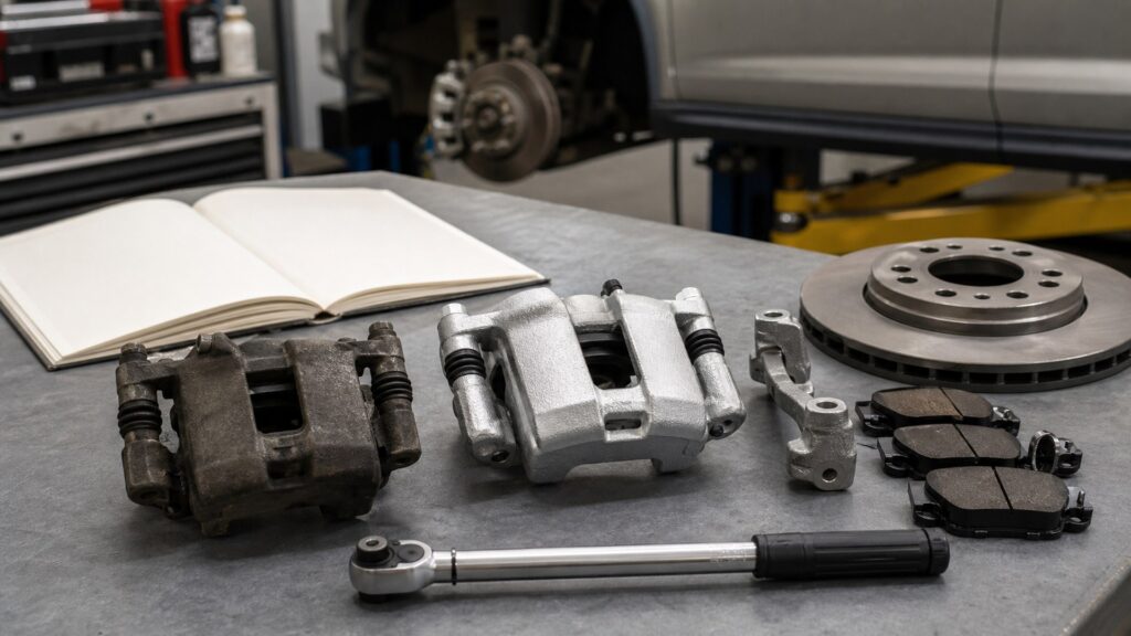 brake calipers buying guide scene with related parts prepared for vehicle fitment checks