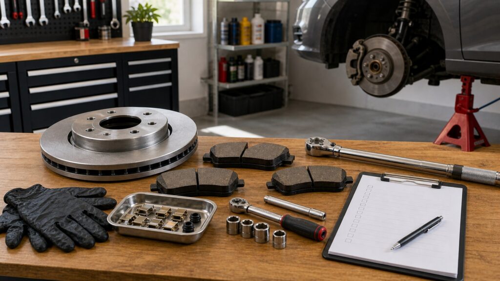 brake components shopping setup for home garage repair projects with practical vehicle-focused details