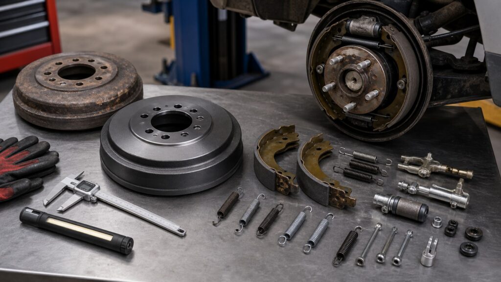 brake drums buying guide scene with related drums prepared for axle drum fit checks