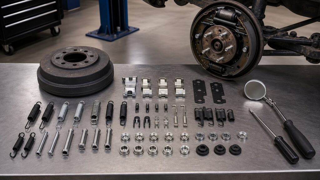 brake small hardware kits buying guide scene with related kit contents prepared for brake assembly small hardware fit checks