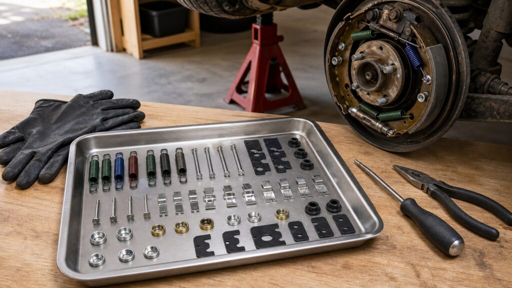 brake small hardware kits buying guide scene with related kit contents prepared for brake assembly small hardware fit checks