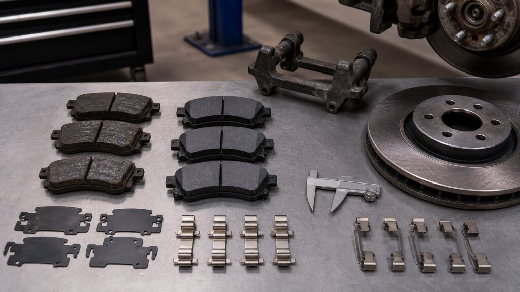 brake pads buying guide scene with related pad sets prepared for brake corner pad fit checks