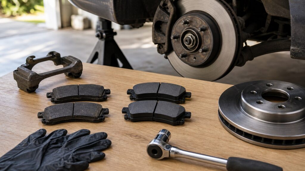 brake pads buying guide scene with related pad sets prepared for brake corner pad fit checks