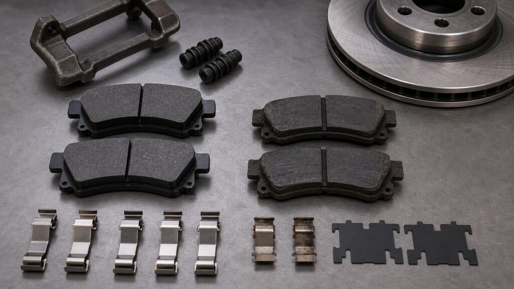 brake pads buying guide scene with related pad sets prepared for brake corner pad fit checks