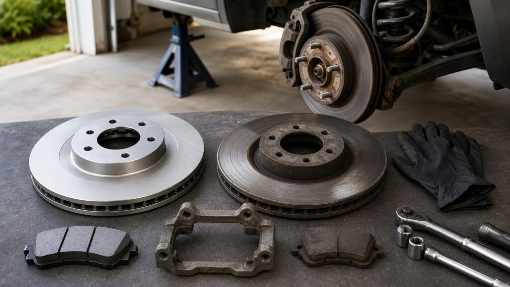 brake rotors buying guide scene with related rotors prepared for hub and caliper setup rotor fit checks
