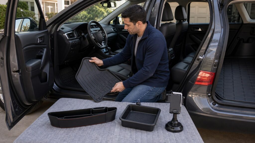 car interior accessories shopping setup for interior fitment checks with practical vehicle-focused details