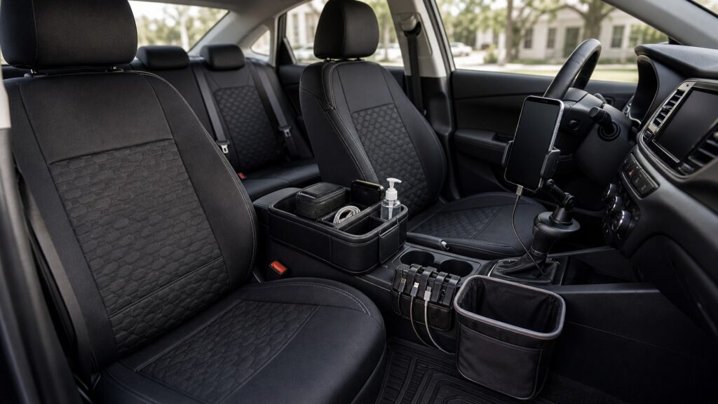 car interior accessories shopping setup for ride-share and commuter cars with practical vehicle-focused details