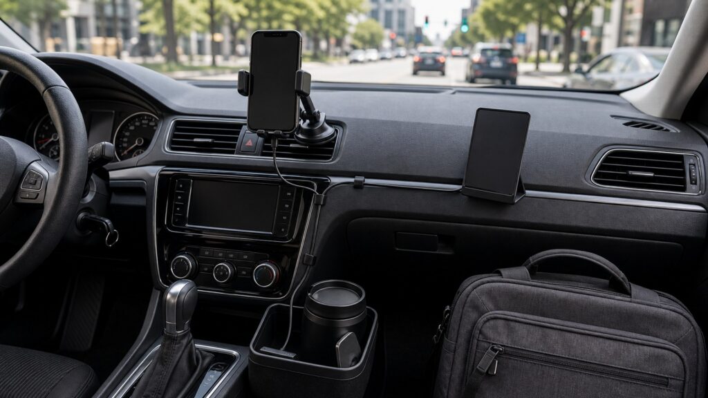 car phone mounts shopping setup for ride-share and commuter cars with practical vehicle-focused details
