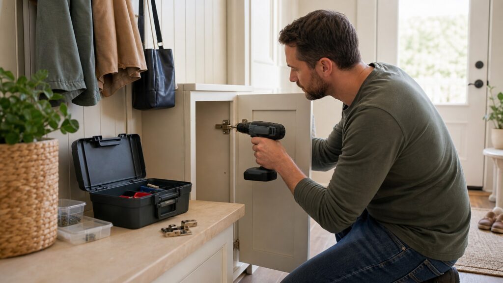 homeowner using a compact cordless drill to adjust a cabinet hinge during an everyday repair