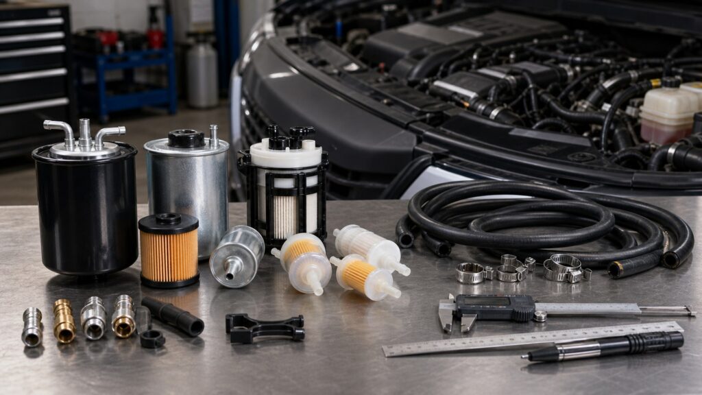 fuel filters buying guide scene with related parts prepared for vehicle fitment checks