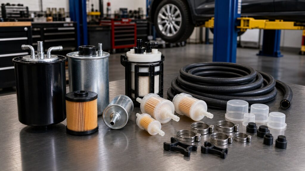 fuel filters buying guide scene with related parts prepared for vehicle fitment checks