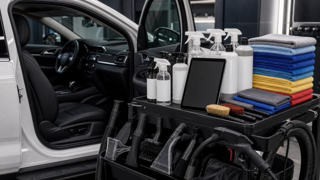 interior cleaning shopping setup for detailer workflow planning with practical vehicle-focused details
