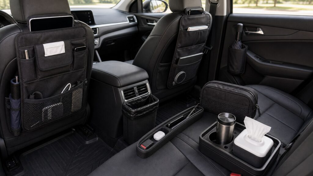 interior organization shopping setup for ride-share and commuter cars with practical vehicle-focused details