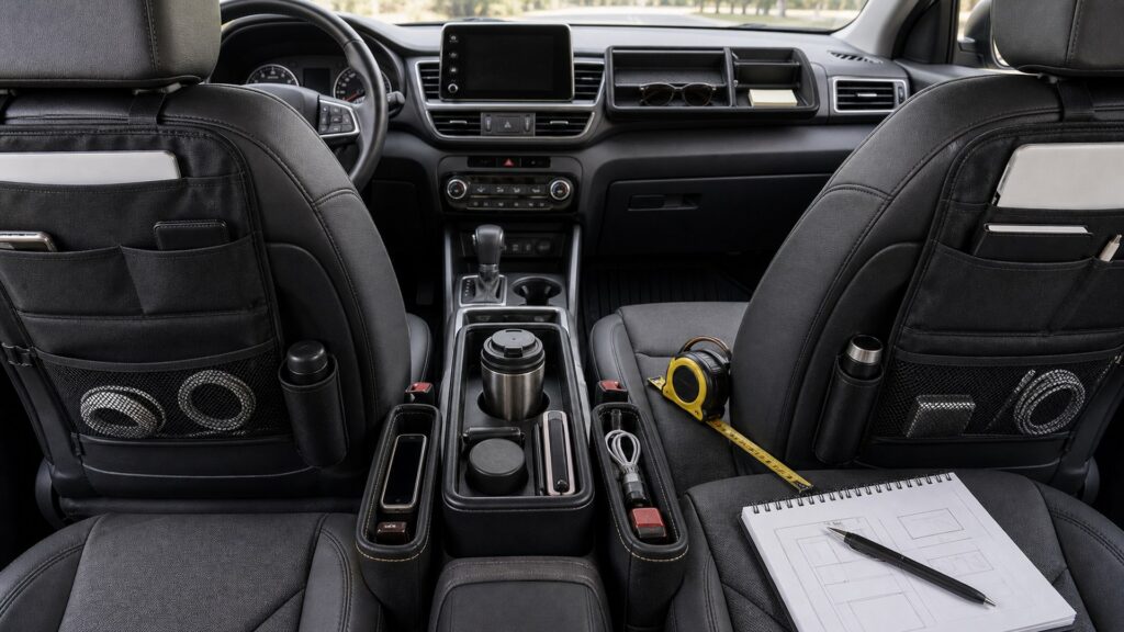 interior organization shopping setup for seat, dash, and console layouts with practical vehicle-focused details
