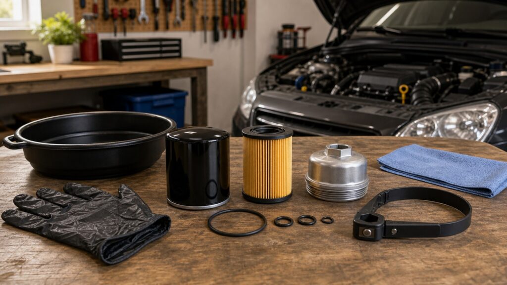 oil filters buying guide scene with related parts prepared for vehicle fitment checks