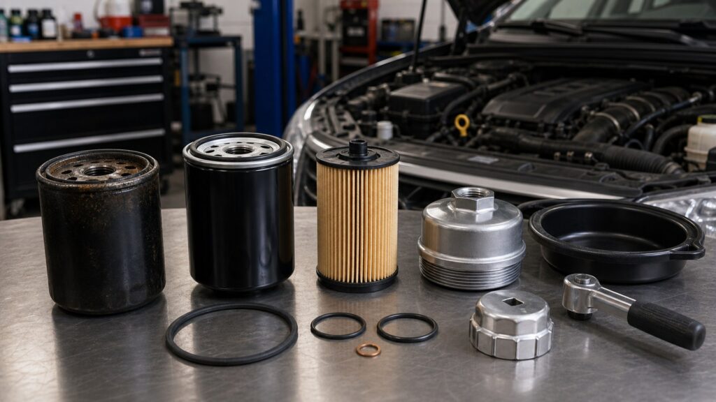 oil filters buying guide scene with related parts prepared for vehicle fitment checks