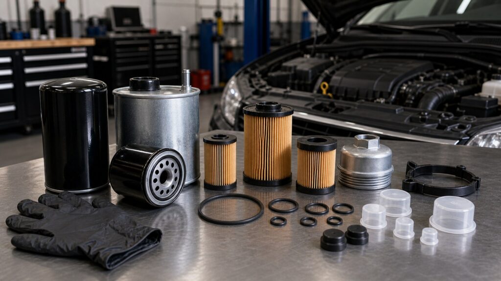 oil filters buying guide scene with related parts prepared for vehicle fitment checks