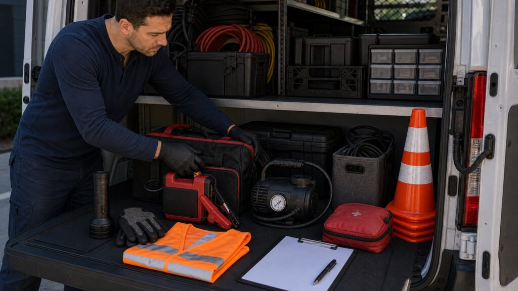 safety & emergency gear shopping setup for commercial vehicle readiness with practical vehicle-focused details