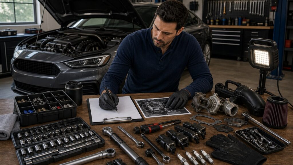 tools & garage equipment shopping setup for repair planning with practical vehicle-focused details