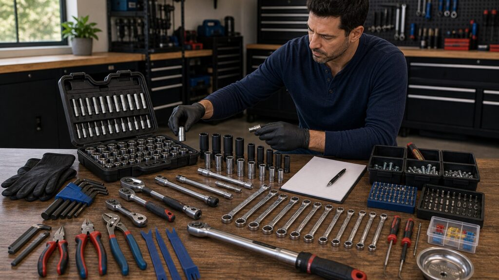 tools & garage equipment shopping setup for tool selection with practical vehicle-focused details