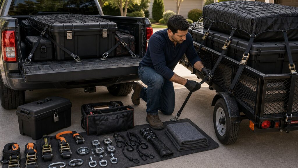 towing, trailers & hauling shopping setup for cargo security and storage with practical vehicle-focused details