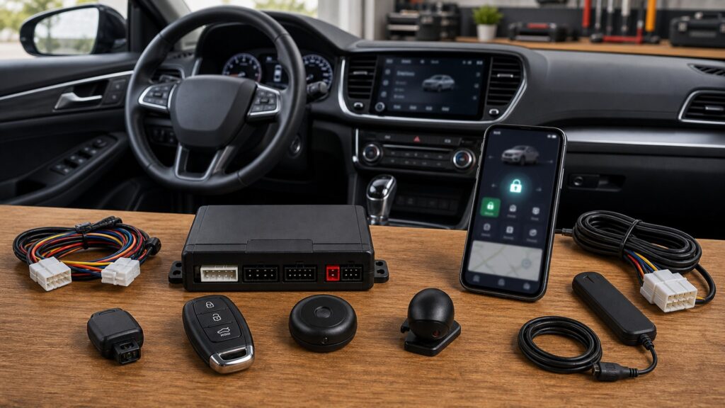 vehicle security systems shopping setup for screen, sensor, and app integration with practical vehicle-focused details