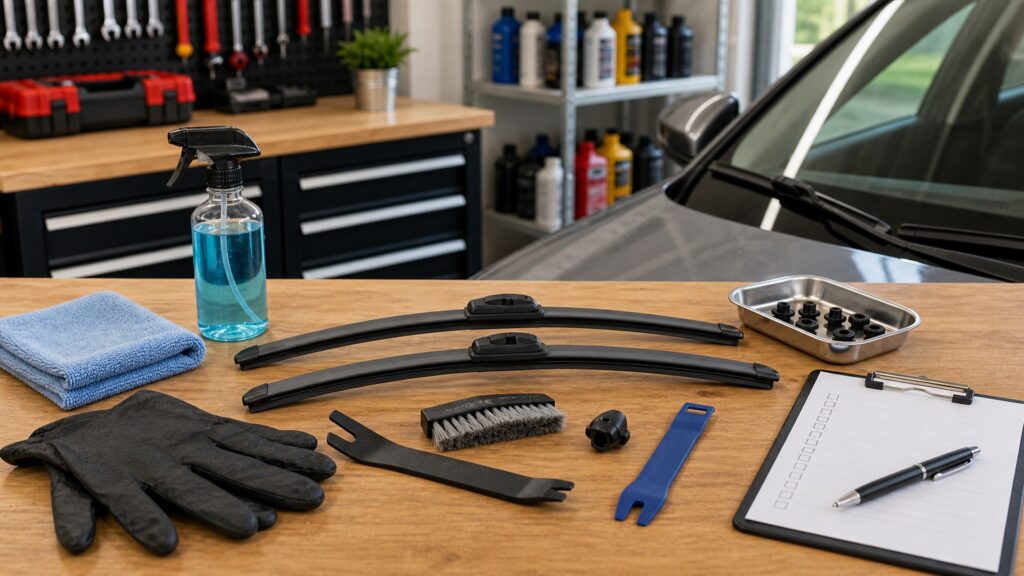 windshield components shopping setup for home garage repair projects with practical vehicle-focused details