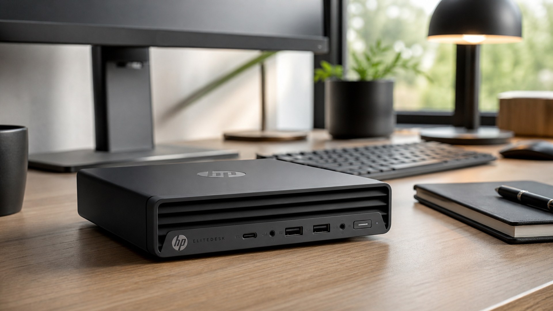 HP EliteDesk 8 Mini G1i enterprise mini PC on a refined home office desk