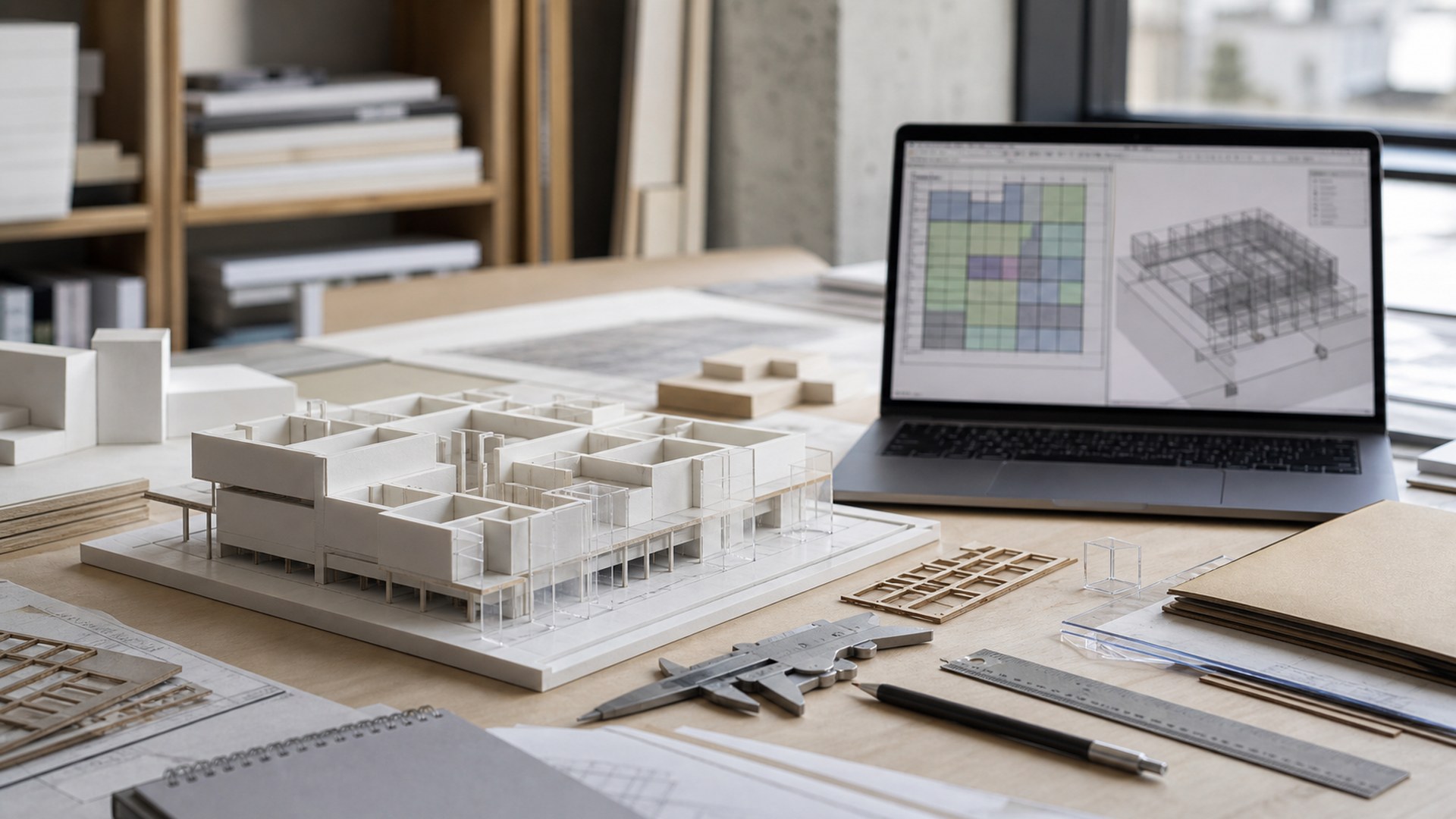 Hypar AI architectural model making tool shown in a photorealistic studio model workflow