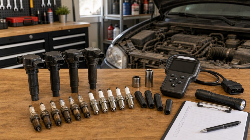 ignition components shopping setup for high-mileage vehicle repairs with practical vehicle-focused details