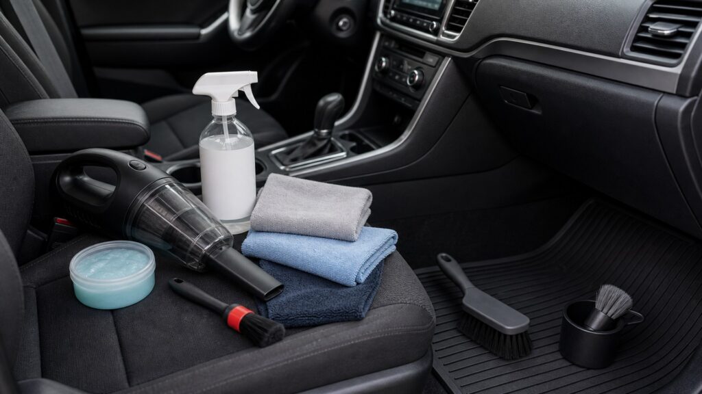 interior cleaning shopping setup for maintenance wash supplies with practical vehicle-focused details
