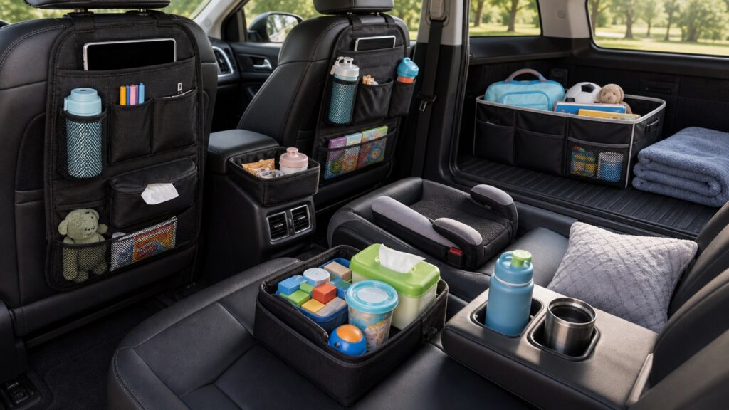 interior organization shopping setup for family vehicle organization with practical vehicle-focused details