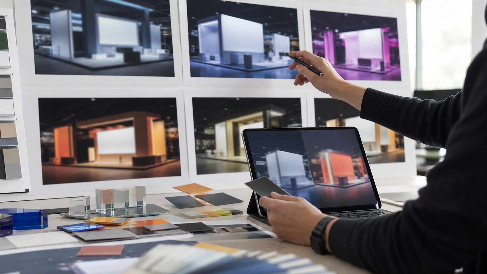 Krea AI tool in an ultra photorealistic editorial scene for a trade show exhibit builder workflow