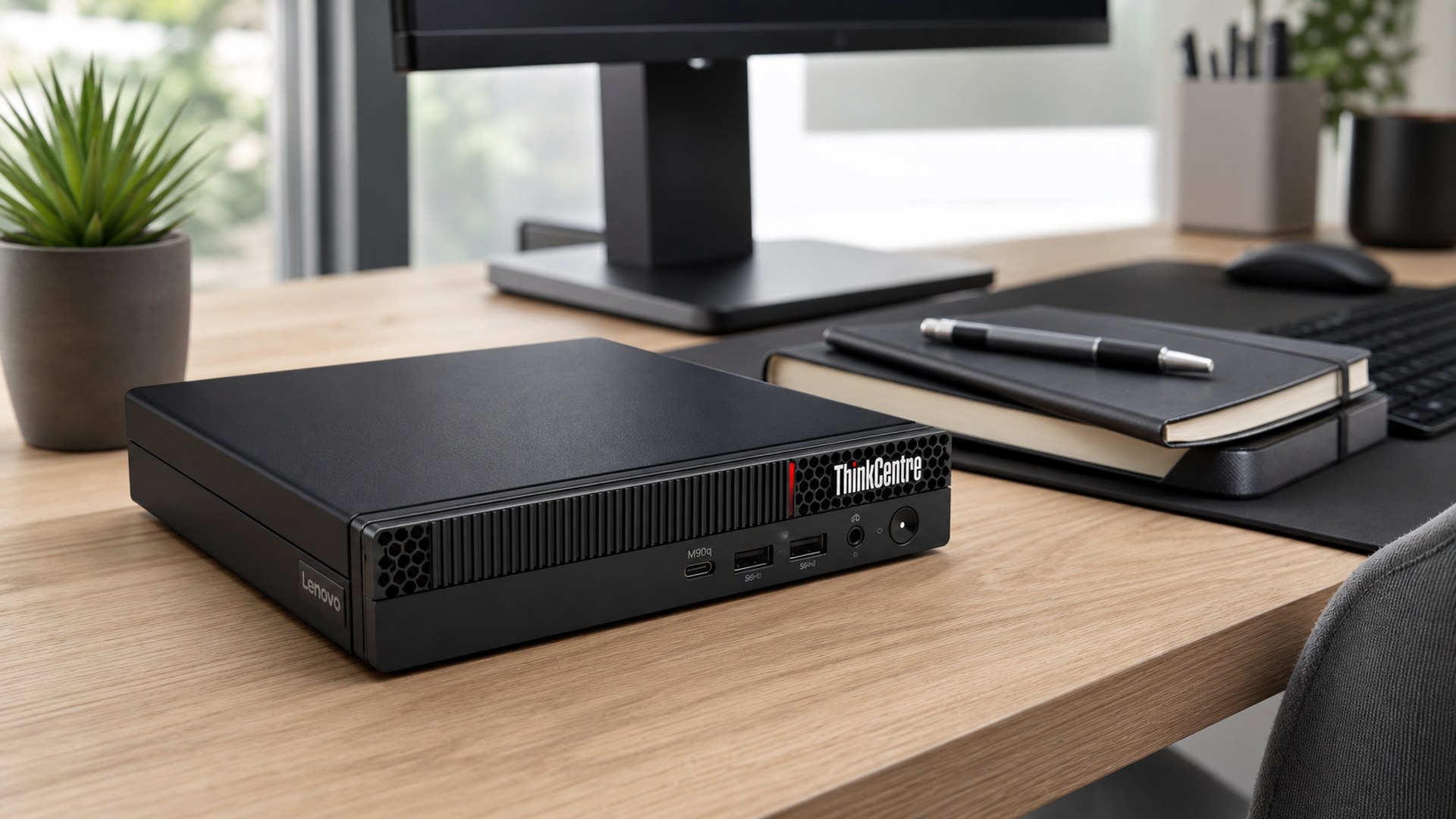 Lenovo ThinkCentre M90q Gen 6 Tiny business mini PC on a home office desk