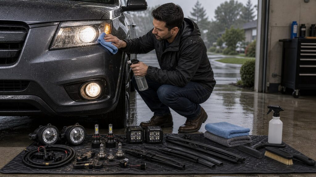 lighting & visibility shopping setup for weather and road conditions with practical vehicle-focused details