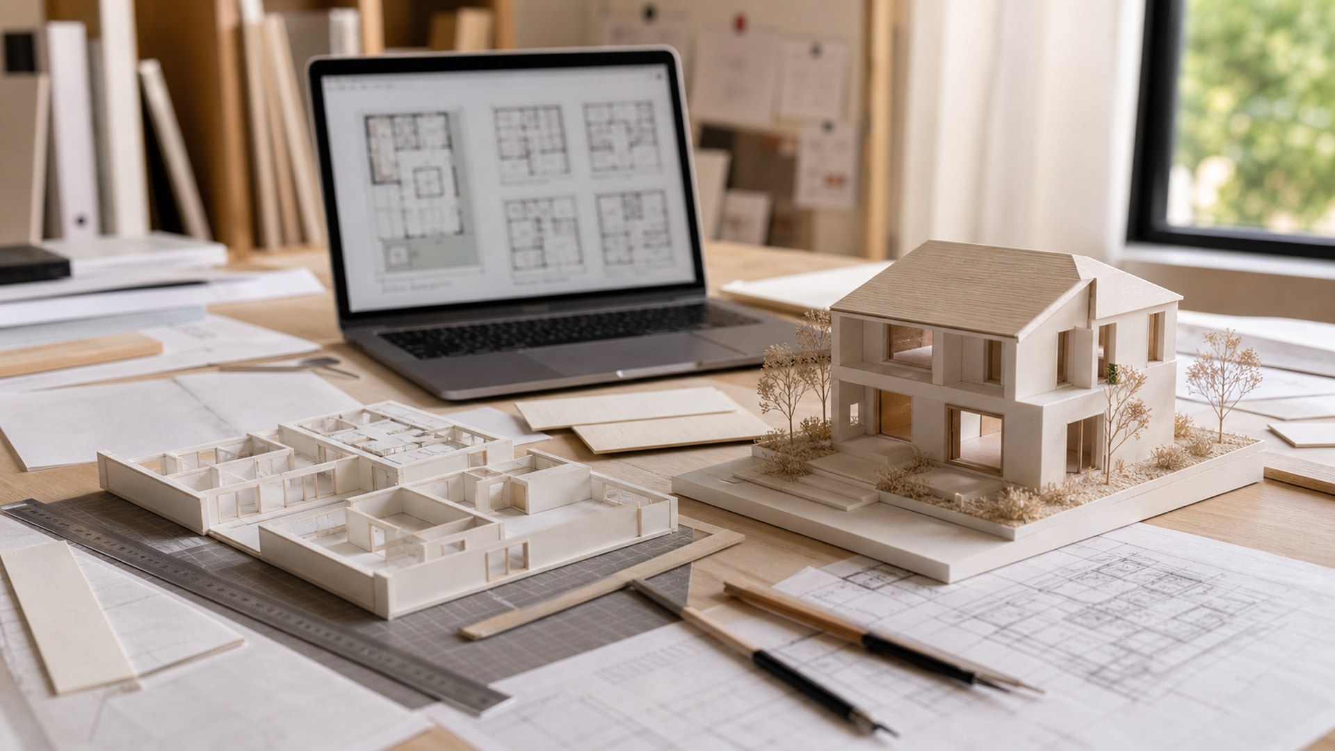 Maket AI architectural model making tool shown in a photorealistic studio model workflow