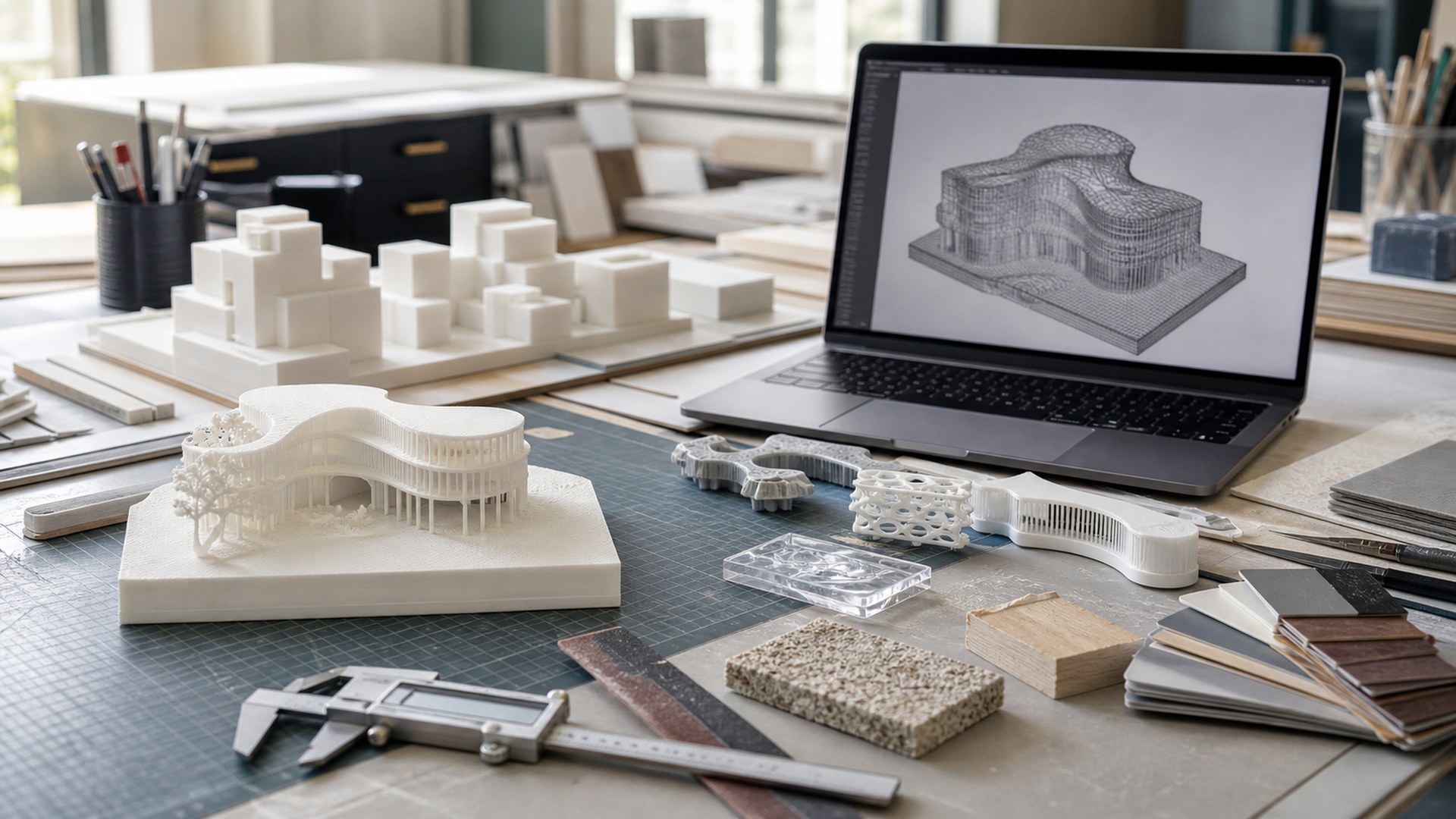 Meshy AI architectural model making tool shown in a photorealistic studio model workflow