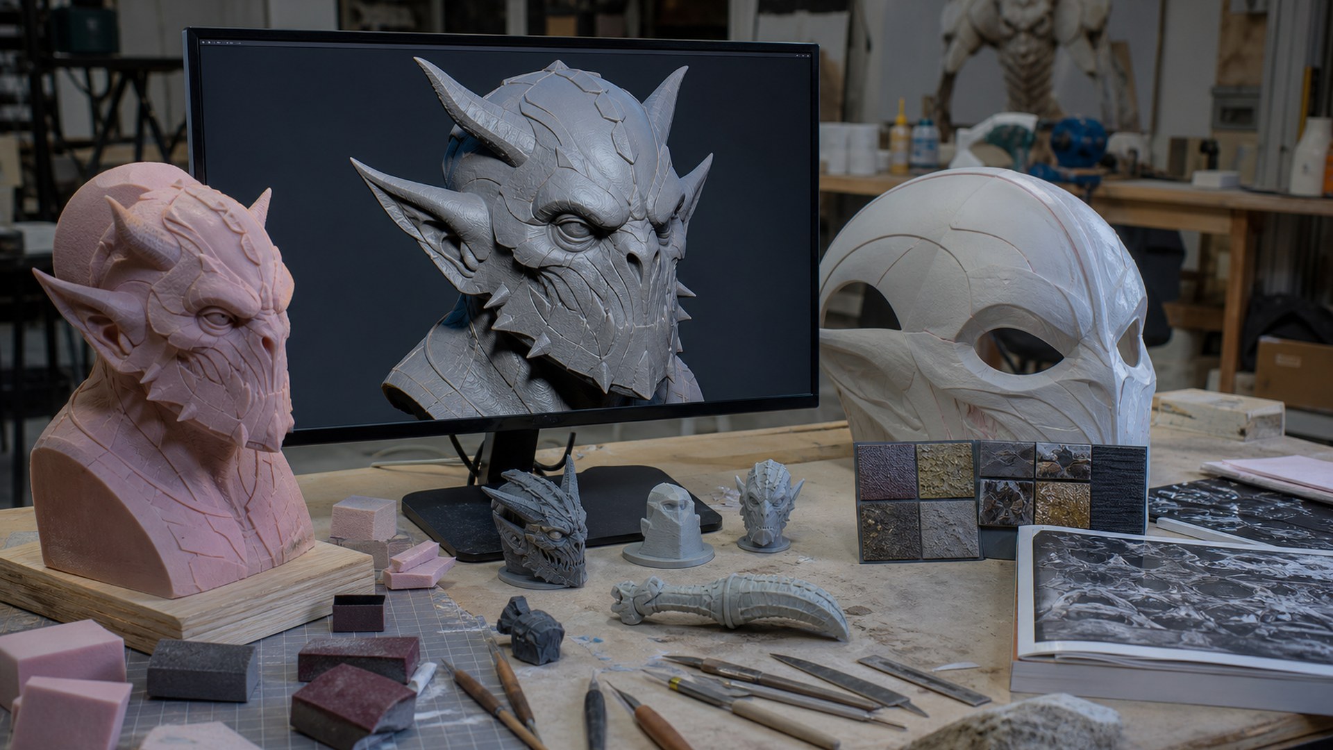 Meshy AI giant prop design tool in a photorealistic fabrication studio workflow
