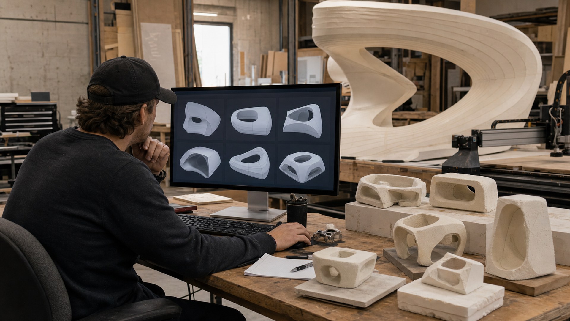 Meshy AI tool shown in a large format fabrication studio workflow