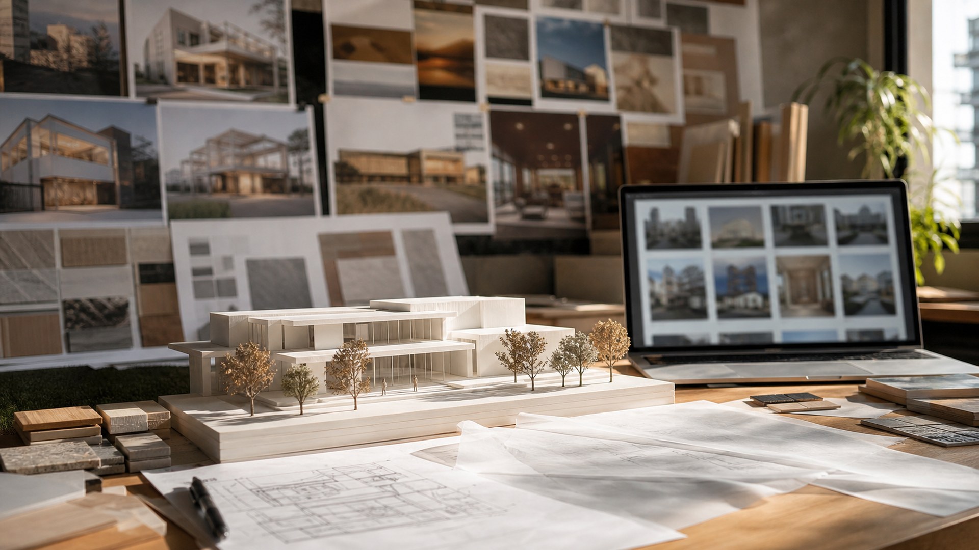 Midjourney AI architectural model making tool shown in a photorealistic studio model workflow